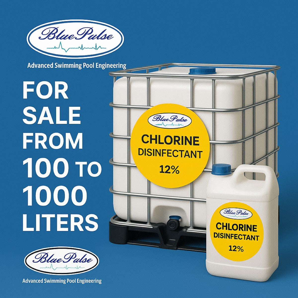 Blue Pulse chlorine disinfectant containers on a blue background